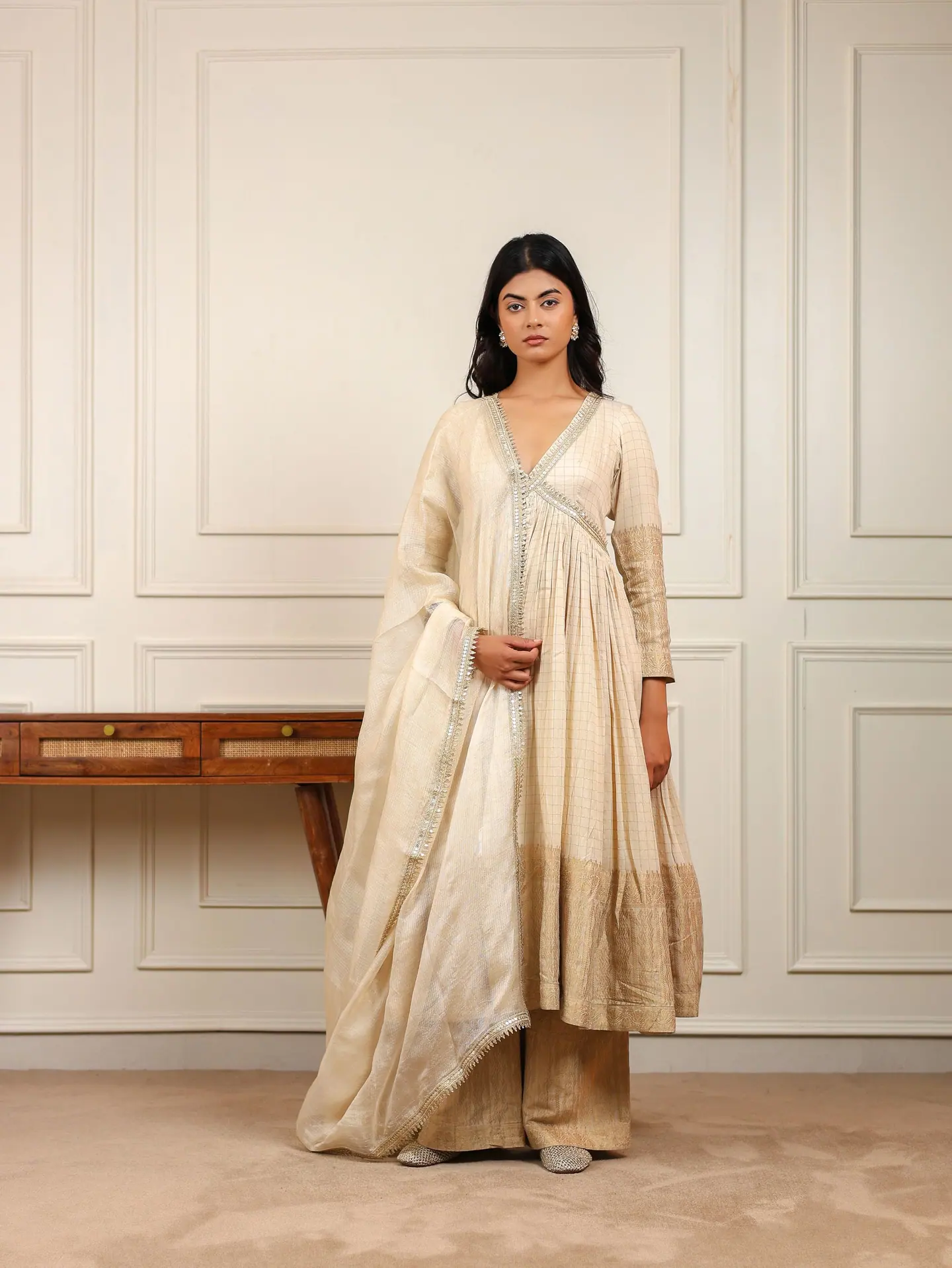 Champagne tissue anarkali, standing full length