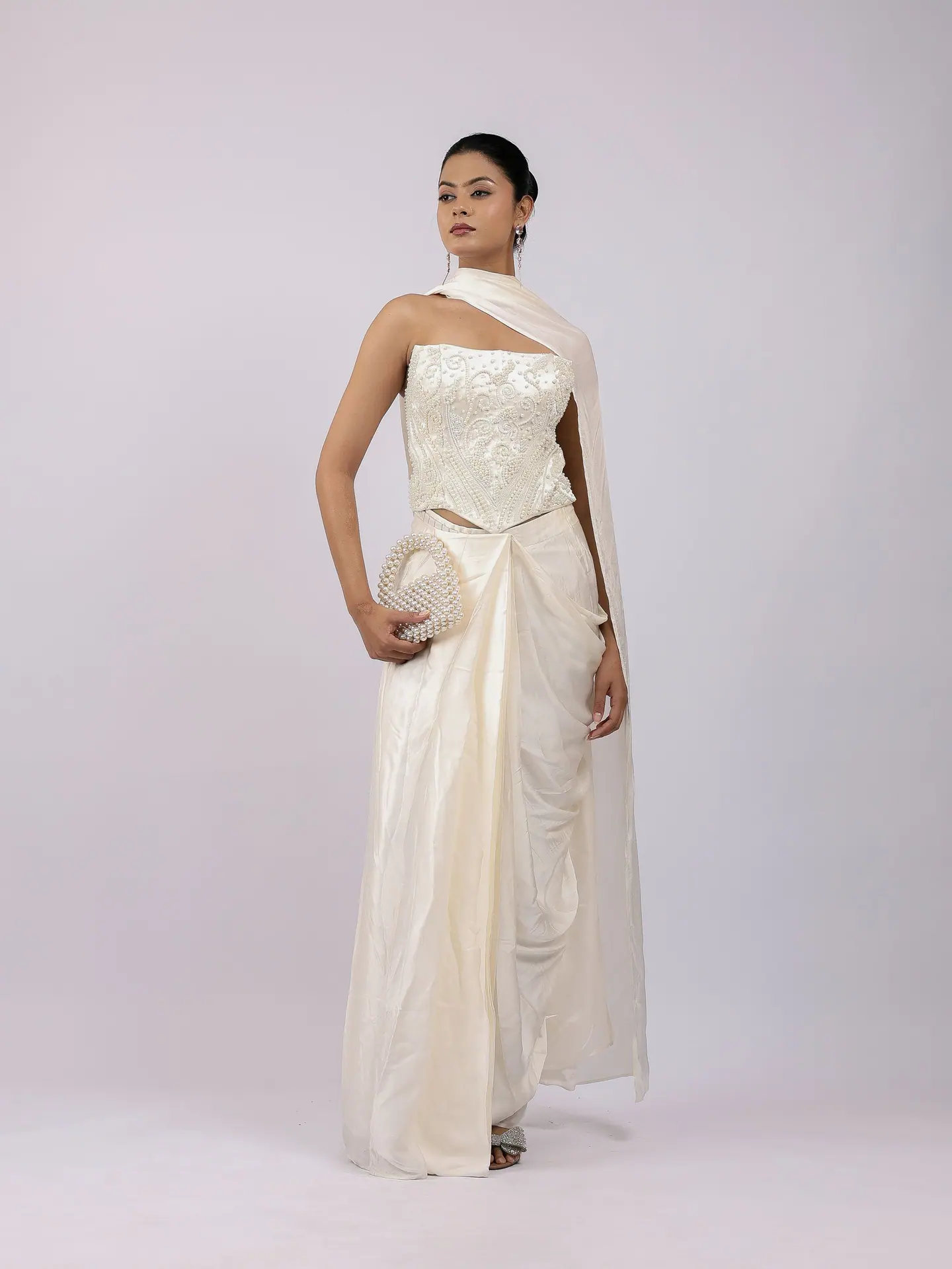 Ivory embroidered corset with draped skirt and cape dupatta, full length