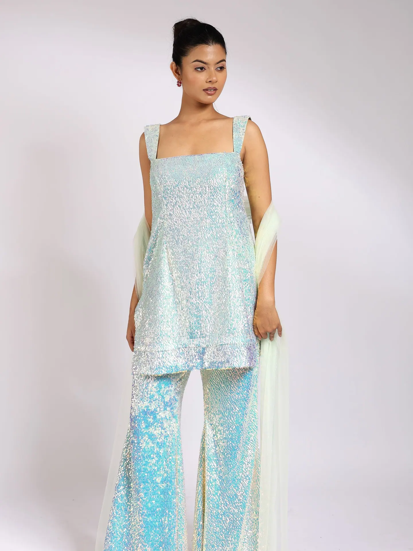 Iridescent sequin kurta set, waist-up with sheer dupatta