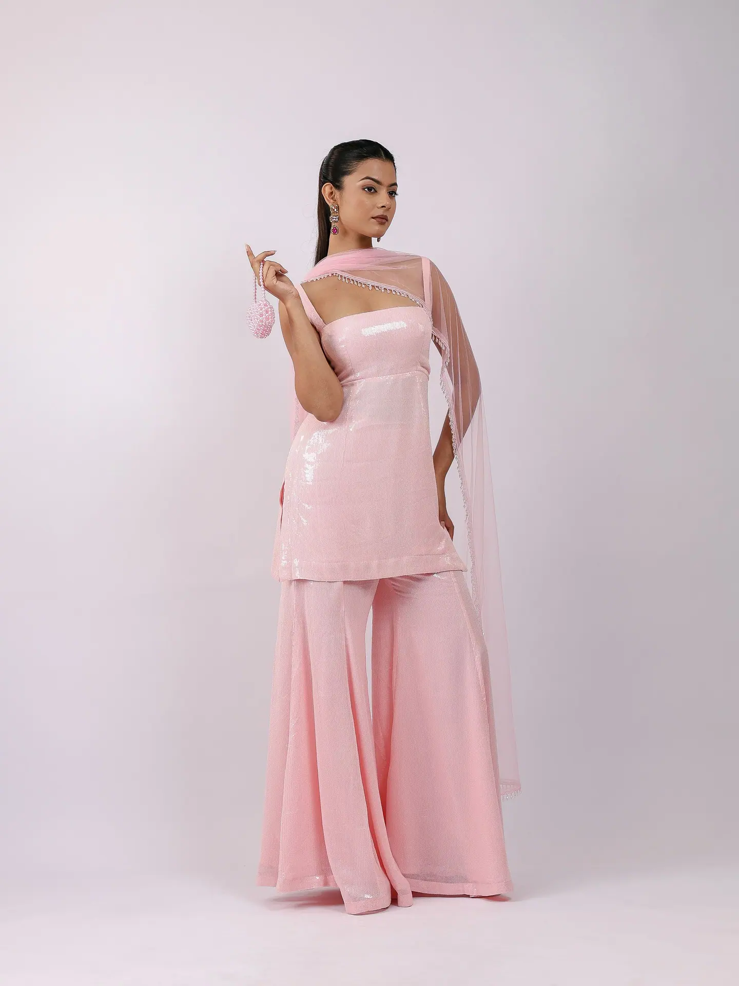 Blush sequin kurta and sharara with sheer dupatta, full length